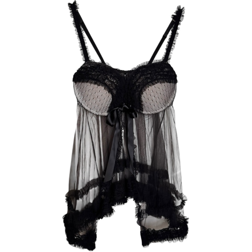 Victoria's Secret Mesh Ruffled Black Lace Babydoll Pleated Y2k Lingerie